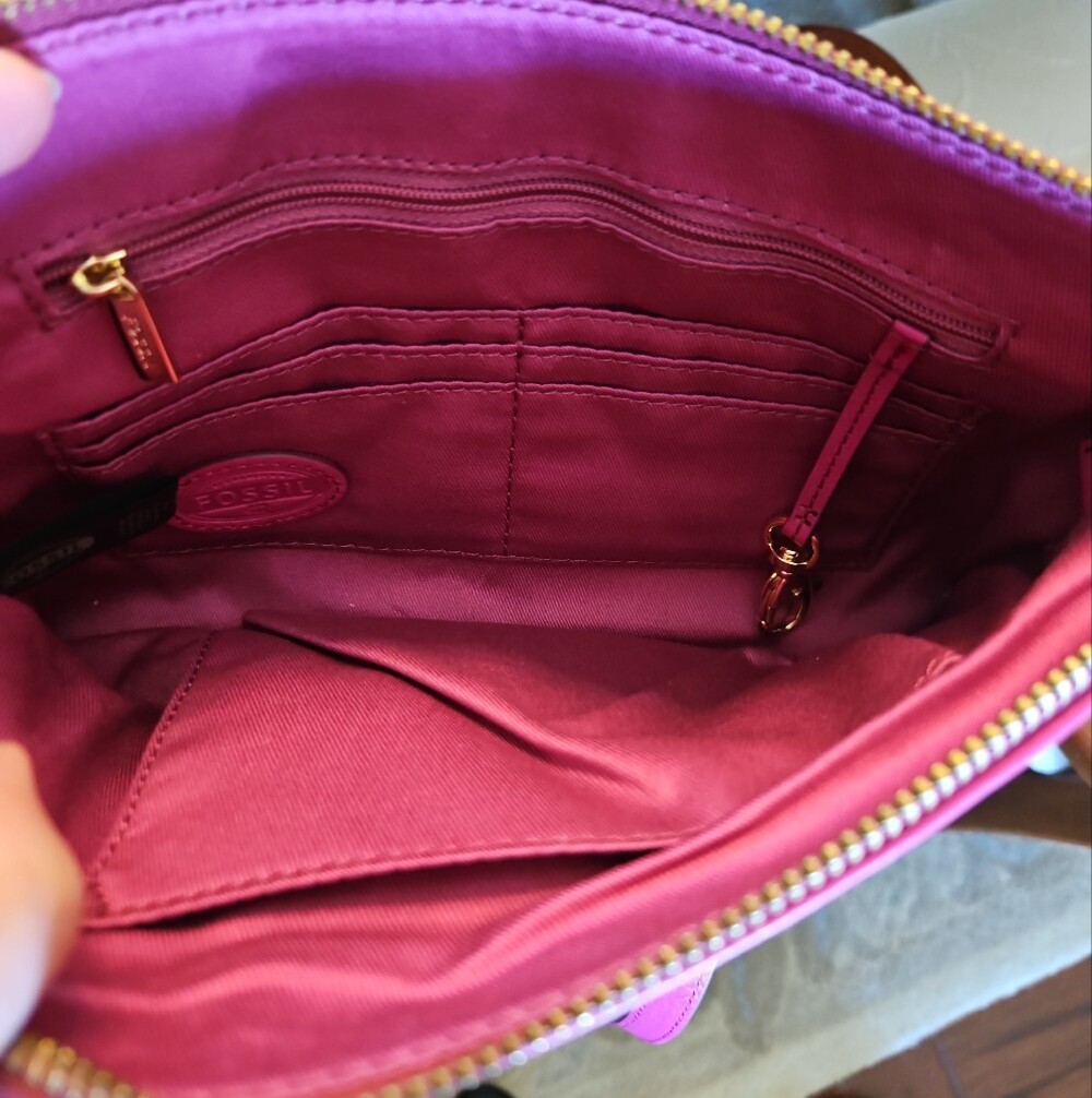 Fossil Hot Pink Leather Crossbody with Gold Hardware - Picture 6 of 7